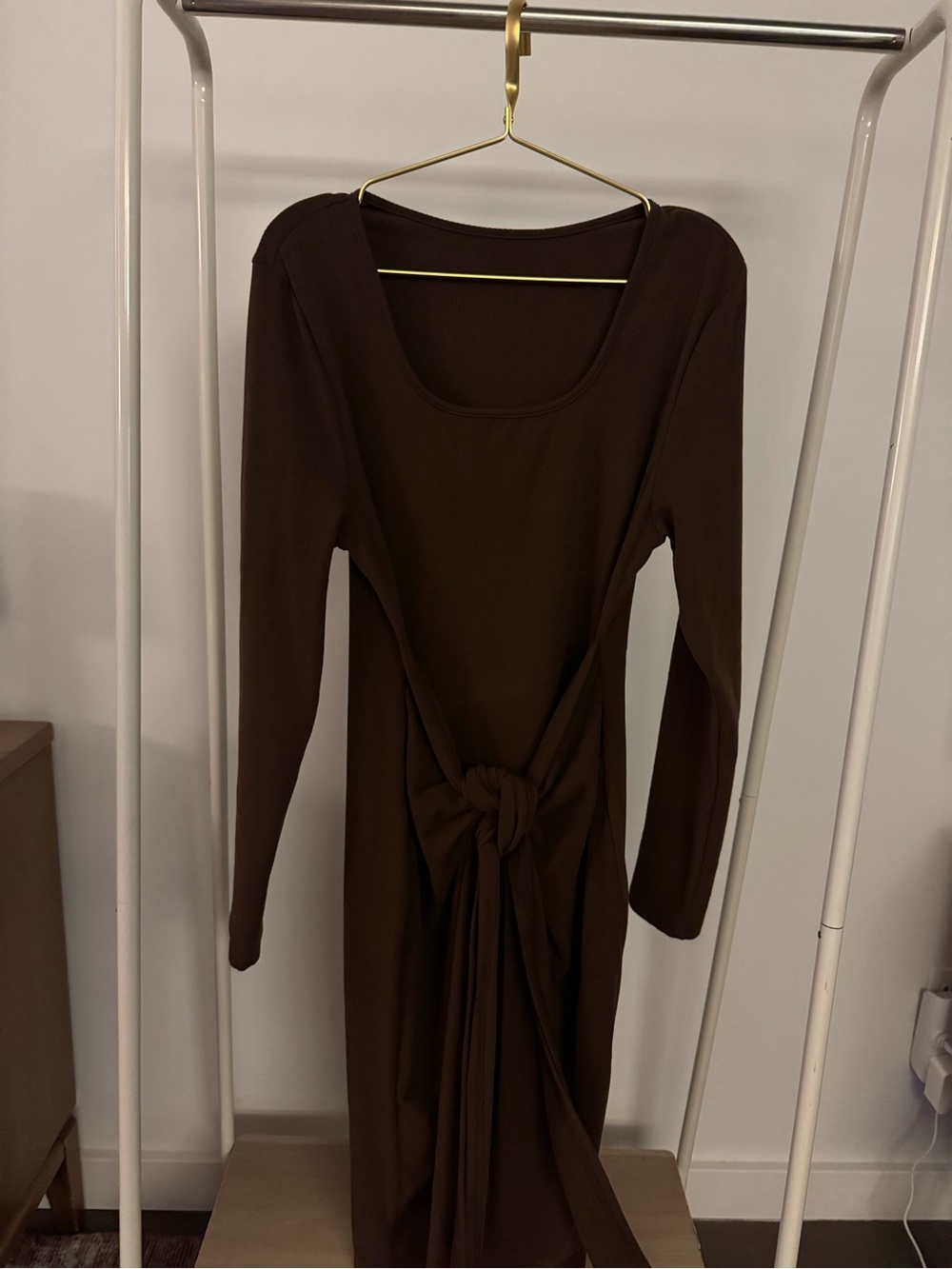 Long Sleeve Brown Reversible Tie Women's Dress